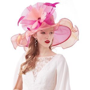 Women's Kentucky Derby Fascinator Church Hat Wide Brim Big Flower Organza 1298